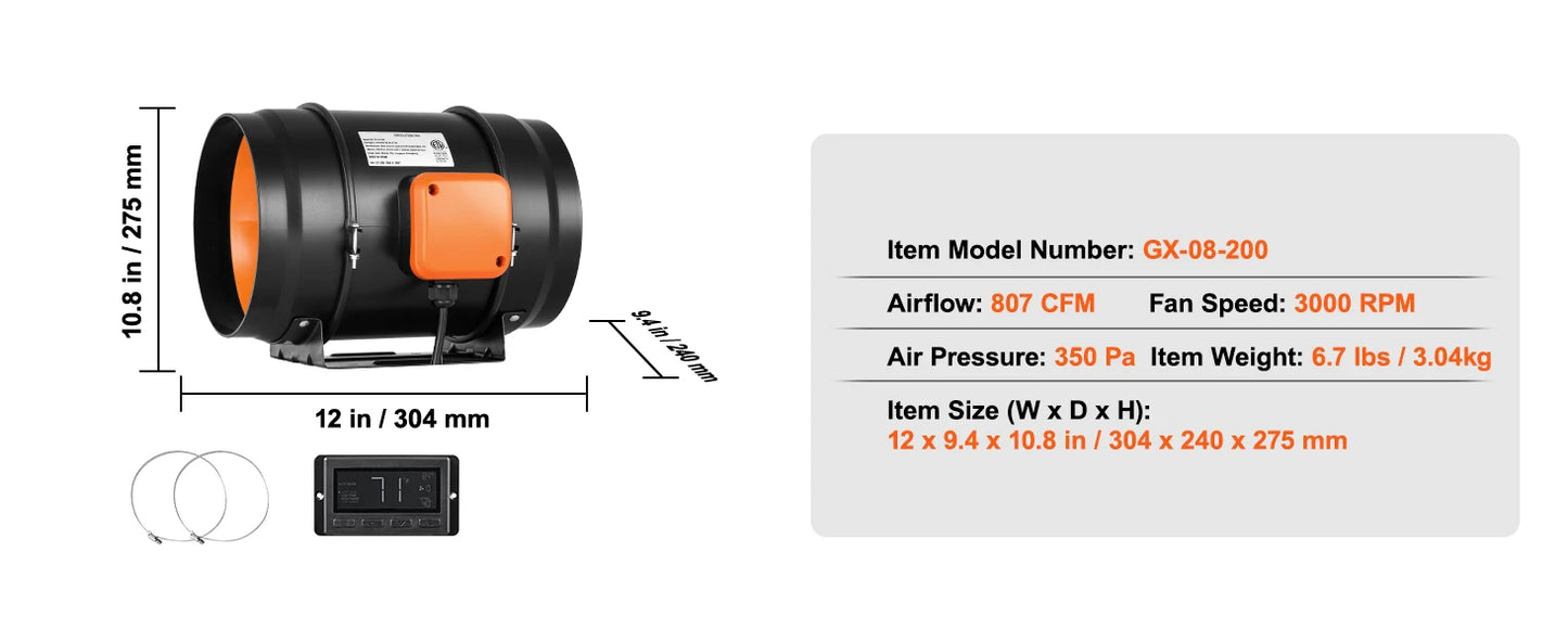 Ventilateur Extracteur d'Air VEVOR 4/6/8 Pouces avec Contrôleur Température et Humidité - Moteur EC Silencieux pour Ventilation Professionnelle