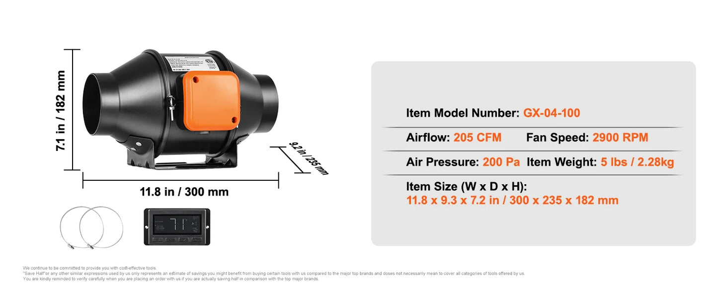 Ventilateur Extracteur d'Air VEVOR 4/6/8 Pouces avec Contrôleur Température et Humidité - Moteur EC Silencieux pour Ventilation Professionnelle