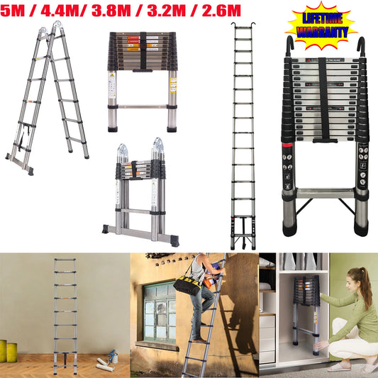DayPlus Telescoping Ladder Stainless Steel Folding Ladder Portable Extendable Loft Ladder Capacity Max Load 150kg/330lb,EN131