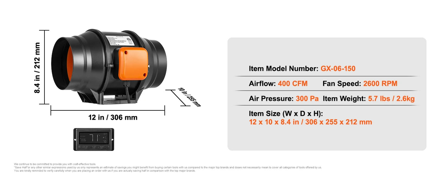 Ventilateur Extracteur d'Air VEVOR 4/6/8 Pouces avec Contrôleur Température et Humidité - Moteur EC Silencieux pour Ventilation Professionnelle